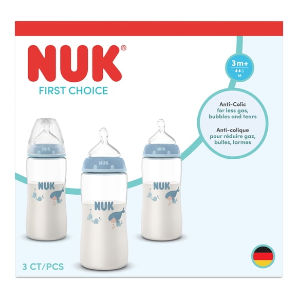 Biberons pour bébé NUK First Choice, 3+ mois, 300 ml, biberon anti-coliques, plastique, indicateur de contrôle de la température, baleine, 3 pièces