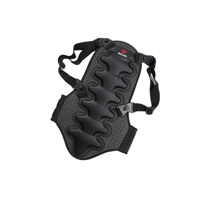 Xingzhi Back Protector Removable Thick EVA Protection for Adults S, designed as a black ergonomic back brace with a 2.5mm PE shell and double-layer protective pad. Made of EVA foam, mesh cloth, and PE material, it features adjustable POM buckles and elastic straps for a secure fit. Ideal for spine protection during motorcycle cross country, cycling, roller skating, and other outdoor extreme sports.