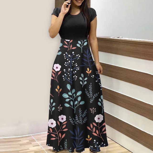 SMihono Robe Maxi Bohème d'Été pour Femmes Grande Taille Robe d'Été Colorée à Imprimé Floral pour Femmes Robes à Manches Courtes Robe Maxi Décontractée de Plage Robe Évasée de Plage