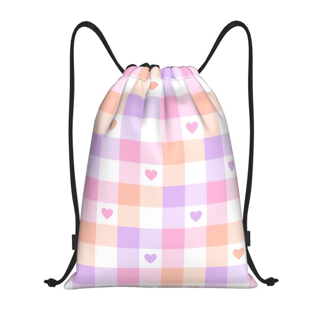 Xecao Heart Buffalo Plaid Pattern Sports Drawstring Backpack - String Swim Gym Bag with Wet Proof Pocket for Women&Men-Medium