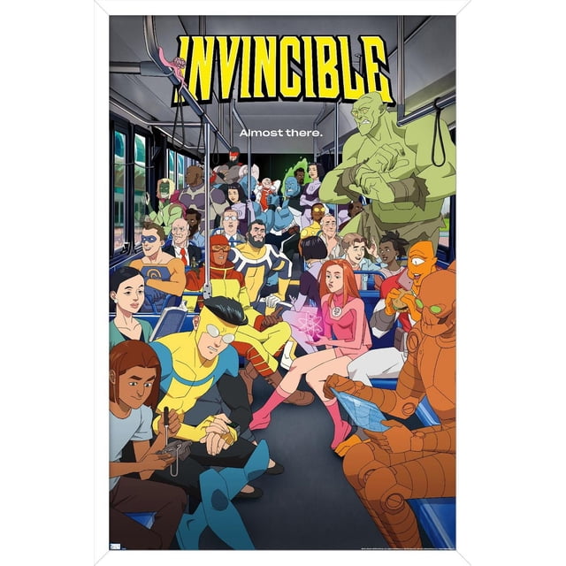 Invincible: Season 2 - Bus One Sheet Wall Poster depicting an animated bus interior filled with various superheroes in colorful costumes, including a large green muscular figure standing and an orange robotic character seated reading a tablet, with the bold yellow 'INVINCIBLE' title and the phrase 'Almost there.' above, ideal for vibrant wall art and room decoration.