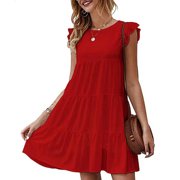 Yuyuzo Mini Dresses for Women Ruffle Cap Sleeve Sundress Crewneck Smocked A Line Flowy Short Dresses