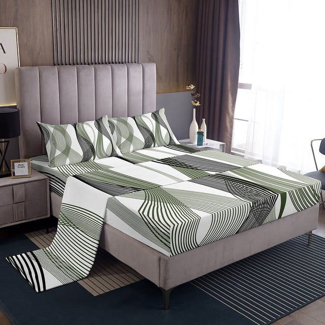 Erosebridal Minimalst Sheet Set Queen for Adult, Abstract Ombre Bedding Sets Queen Size, Stripes Decor 4-Piece