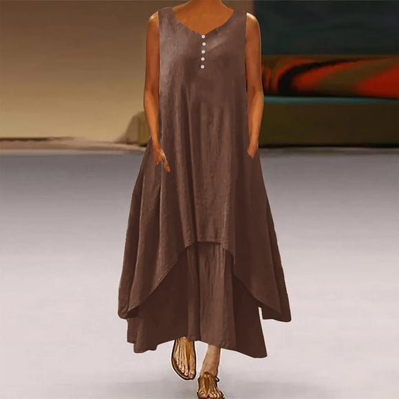 Meichang Women Cotton Linen Dresses Summer Sleeveless Scooop Neck Button Up Sundresses Plus Size Solid Double Swing Tank Dresses Tiered Flowy Long Maxi Dress with Pockets Coffee XL