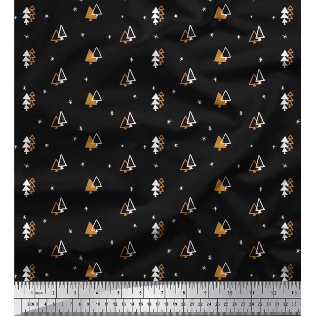 Soimoi Black polyester Crepe Fabric Tree Christmas Decor Fabric Printed Yard 42 Inch Wide