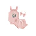 thumbnail image 1 of FOCUSNORM Baby Girl Summer Outfits Waffle Flower Embroidered Sleeveless Romper Ruffles Shorts Headband 3Pcs Clothes Set, 1 of 9