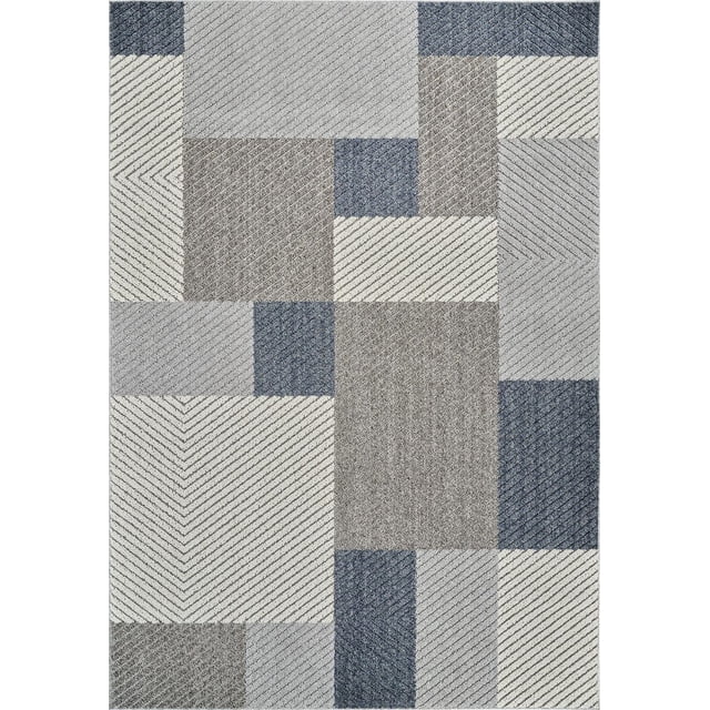 Rug Branch Hogar Abstract Indoor Outdoor Area Rug in grey and blue featuring a geometric patchwork of rectangles and squares with diagonal and chevron line patterns, suitable for living room, bedroom, dining room, kitchen, and outdoor patios.