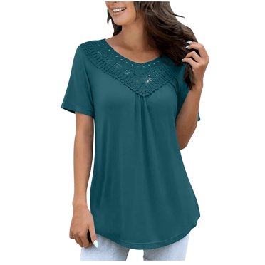 Yuyuzo Plus Size Tops for Women V Neck Lace Stitching Tunic Tops Short Sleeve Basic Summer Tee Shirts