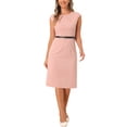 thumbnail image 1 of INSPIRE CHIC Robe de Travail pour Femme à Col Rond, Manches Cap, Ceinturée, Fourreau, Midi, Rose, P, 1 of 5