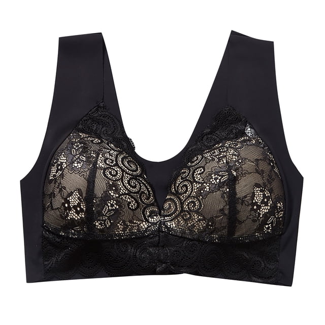 Timegard Front Closure Bras for Women Wide Strap Wireless Flower Lace Full Support Back Smoothing Bras