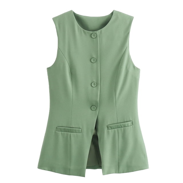 Gupgi Women Long Waistcoat Button Down Vest Sleeveless Round Neck Solid Color Slim Fit Tank Tops