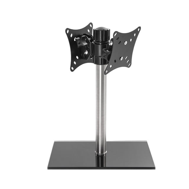 axGear support de Moniteur de Bureau Double support de Moniteur d'Ordinateur Bras Double 14-27 Pouces Vue Orientée vers l'Avant d'Un support de Bureau à Double Bras avec Deux Plaques VESA 50/75/100 mm sur une Colonne Tubulaire de 15,5 Pouces. base de Bureau en Acier au Carbone et construction en Tuyau Plus Épais support Deux Moniteurs de 14–27 Pouces; les Bras Indiquent le Réglage de la Hauteur, Inclinaison ±15° et rotation à 360° Autour de la Colonne, avec Vis Vis Visibles à la base