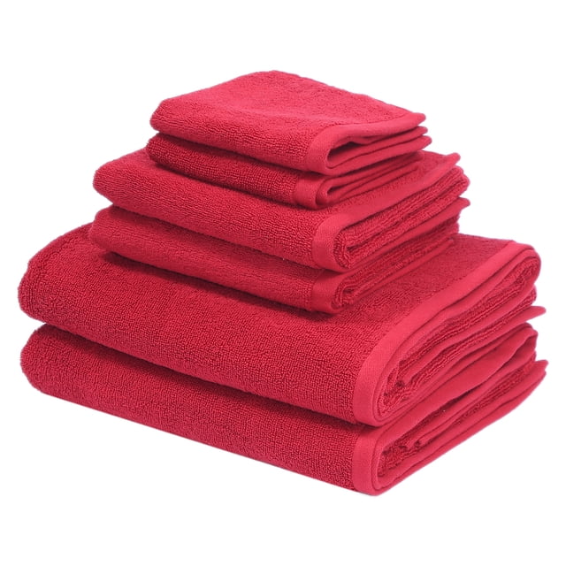 Holiday Time Ensemble de Serviettes Chili Pepper, 6 Pcs avec Deux Serviettes de Bain (30 Po x 52 Po), Deux Serviettes à Main (16 Po x 26 Po) et Deux Débarbouillettes (12 Po x 12 Po) en Tissu Éponge 100 % Coton Rouge Uni avec Bords Cousus, Convient pour Rafraîchir la Salle de Bain et Offrir.