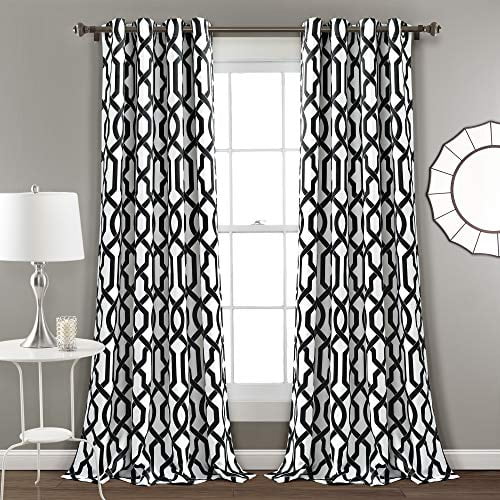 Lush Decor Edward Trellis Curtains Room Darkening White & Black Window Panel Set for Living, Dining, Bedroom (Pair), 95" x 52", White and Black