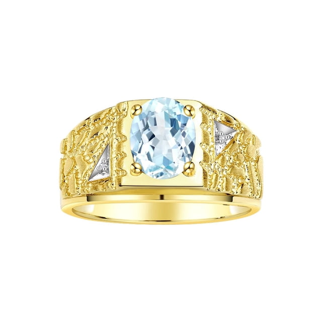 RYLOS Men's Rings 14K Yellow Gold Designer Nugget Ring Oval 9X7MM Gemstone & Diamonds Aquamarine March Birthstone Rings For Man Size 9