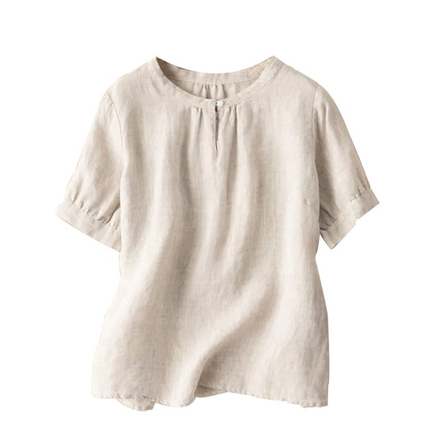 Timegard Tops for Women Trendy Round Neck Short Sleeve T Shirts Casual Button Solid Color Top