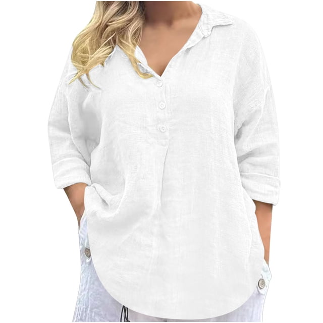 Timegard Blouses for Women Lightweight Lapel Neck Button Drop Shoulder Loose Tee Shirts Tops Solid Color