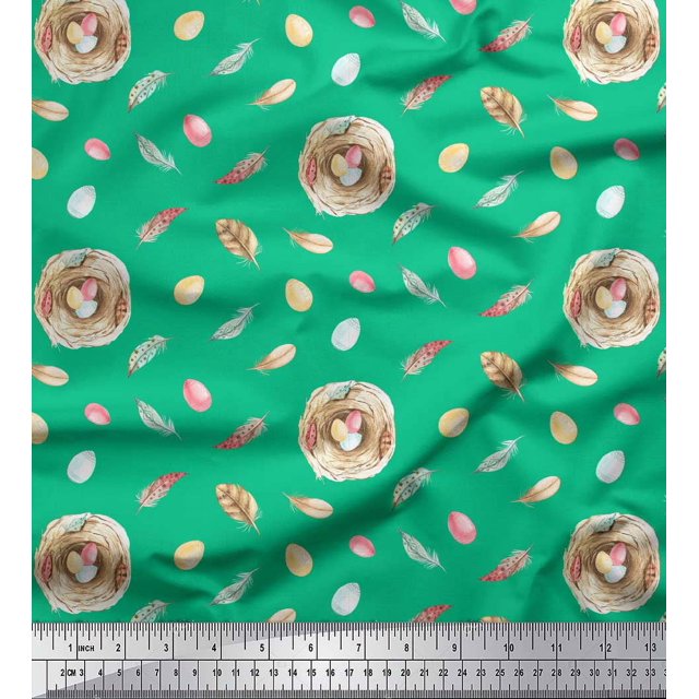 Soimoi Green Rayon Fabric Nest & Feather Printed Fabric 1 Yard 42 Inch Wide