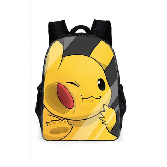 Pet Elf Pokemon Backpack by Vinsniv, featuring a vibrant cartoon design of a winking yellow character with red cheeks on the front. This student backpack includes breathable back and shoulder straps for comfort and a streamlined skeleton lining for durability. It offers multiple compartments for organized storage, making it ideal for school or travel. The bag is designed with a bright and fun pattern, appealing to children.
