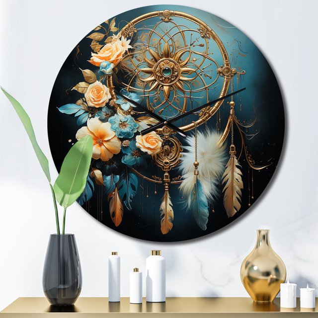 Designart « Gilded Dreams Gold Dream Catcher I » Paysages Horloge Murale Surdimensionnée