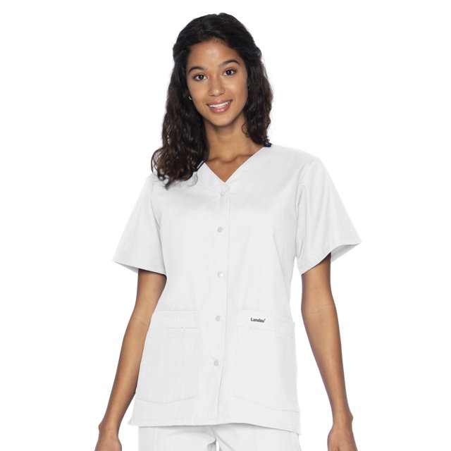 Landau Essentials Women's Snap Front Scrub Top, Classic Relaxed Fit, V-Neck, 4 Pockets