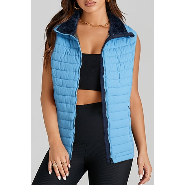 I AM A FASHION JUNKY Sky Blue Plush Collared Quilted Zipped Puffer Vest (SkyBlue, S, 100%Polyester)