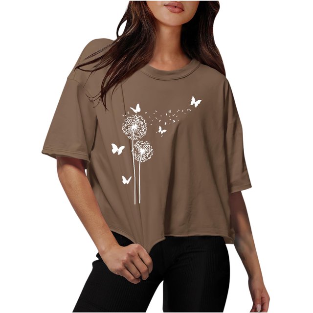 Blouses for Women Drop Shoulder Round Neck Oversized Crop Tops Workout Tops Tees