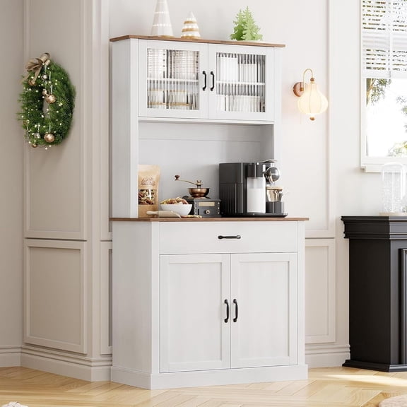 Bingirl Armoire de Garde-Manger de Cuisine avec Support pour Micro-Ondes, Armoire de Cuisine Autoportante de 71” Haute avec Portes et Étagères pour Salle à Manger