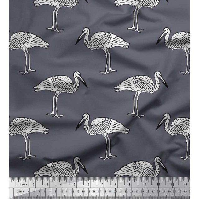 Soimoi Modal Satin Fabric Heron Block Printed Fabric 1 Yard 42 Inch Wide