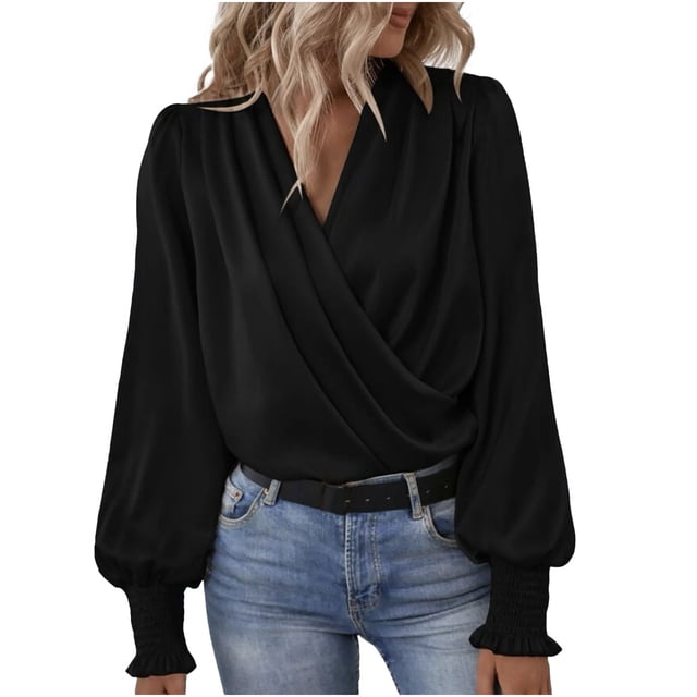 KIHOUT Spring Winter Womens Tops Elegant V-neck Lantern Long Sleeves Temperament Solid Color Shirt Blouse