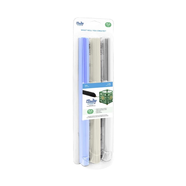 3Doodler Create+ PLA Plastic Refill Kit - Blue/Clear/White- 75 Pack with three bundles of bendable PLA plastic strands in blue, clear, and white inside clear packaging featuring a label with a 3D pen and a green 3D printed cube, suitable for 3D printer filament use and crafting fabric or wearable items.