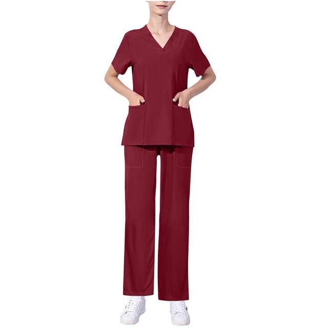 yoeyez Womens Scrub Setsjoggers,Womens Stretch V-Neck Scrub Top & Pants Protective Clothing Scrubs With Multi Pockets Wine