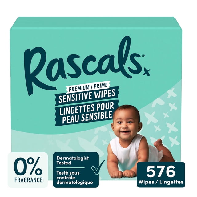 Rascals Premium Sensitive Alcohol Free Baby Wipes, Multipack, 576 Count, for Sensitive Skin