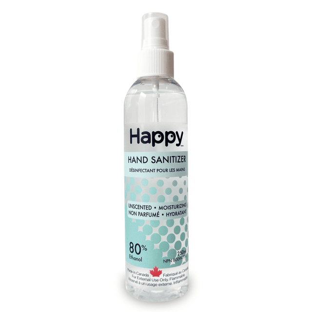 Happy Natural Products - Hand Sanitizer 250ml clear plastic spray bottle with white pump, labeled unscented moisturizing hand sanitizer spray with 80% ethanol, sensitive skin formulation, made in Canada, blue and white label with circular pattern and bilingual text.