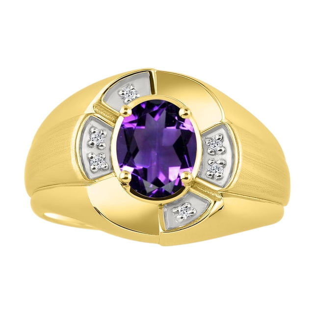 RYLOS 14K Yellow Gold Ring 8X6MM Oval Gemstone & Diamond Unisex Rings Amethyst February Birthstone Ring Size 13