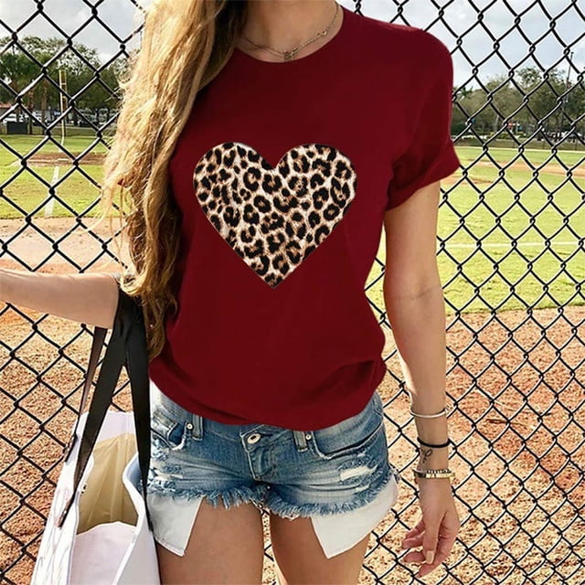 TIMIFIS Hauts à Manches Courtes pour Femmes T-Shirt Imprimé Cœur de la Saint-Valentin T-Shirt Décontracté d'Été Col Rond