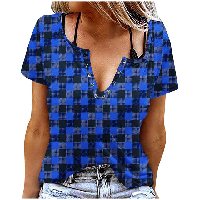 Liquidation d'Économies! Hauts pour Femmes Grande Taille, Blouse d'Été à Manches Courtes pour Femmes, T-shirt Blouse à Col Rond à Boutons Imprimé à Manches Courtes pour Femmes