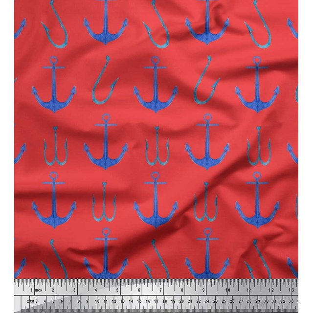 Soimoi Orange Georgette Viscose Fabric Anchor Hook Nautical Decor Fabric Printed Yard 42 Inch Wide