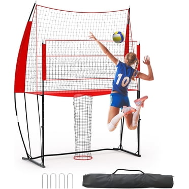 PioneerWorks 11x8 Ft Volleyball Net, Height Adjustable for Durable Training Equipment with Carry Bag, Easy Setup for Indoor Outdoor Beach Backyard, Red and Black