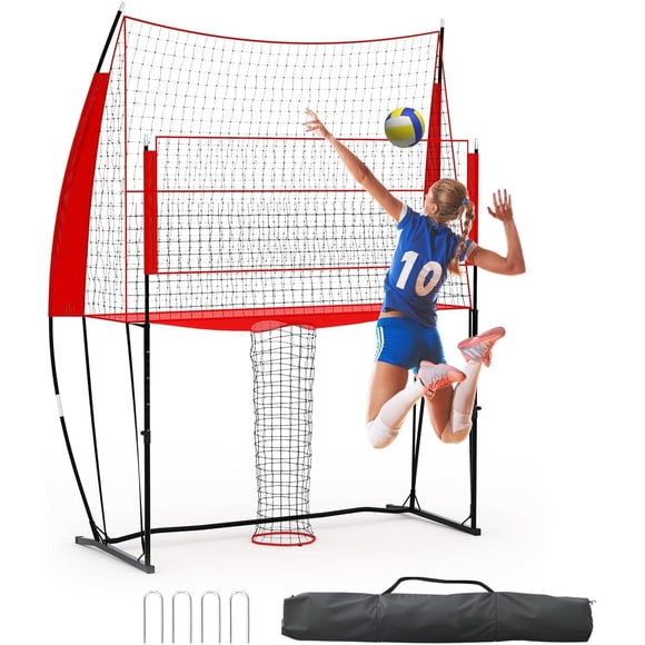 PioneerWorks 11x8 Ft Volleyball Net, Height Adjustable for Durable Training Equipment with Carry Bag, Easy Setup for Indoor Outdoor Beach Backyard, Red and Black