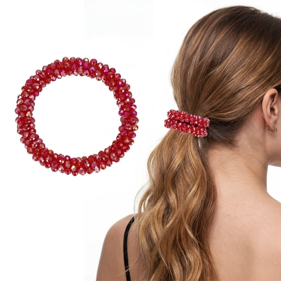 Uxcell Rhinestone Hair Scrunchies, Crystal Ties Elastic Ponytail Holders Fancy Sparkly Glitter Beaded Scrunchies Hair Accessories for Women Girls Daily Wear Party, Plated Red