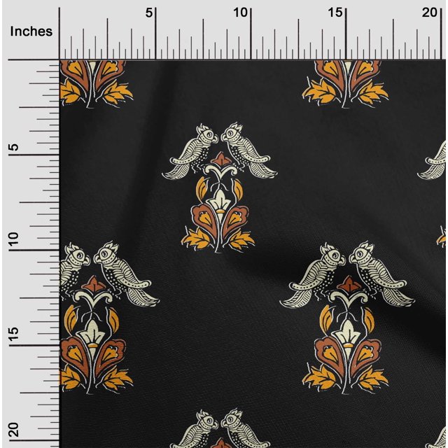 oneOone Georgette Viscose Fabric Leaves|Bird & Floral Block Decor Fabric Printed BTY 42 Inch Wide