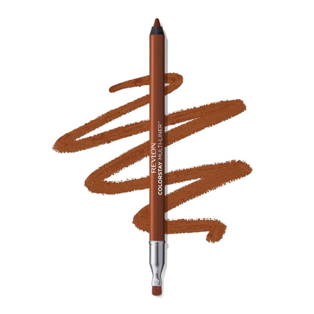 ColorStay Multi-Liner™ makeup pencil in warm brown with pointed tip and built-in blending brush, shown with creamy gel zigzag swatch on white background, ideal for lips, face, and eyes with transfer-proof, kiss-proof formula.
