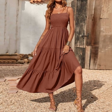 Meichang Robes Maxi à Étages pour Femmes Été Robes à Bretelles Spaghetti Unies Coupe Ample Robes Smockées Évasées Plage Vacances Robes Soleil Grande Taille Brun TTTTG