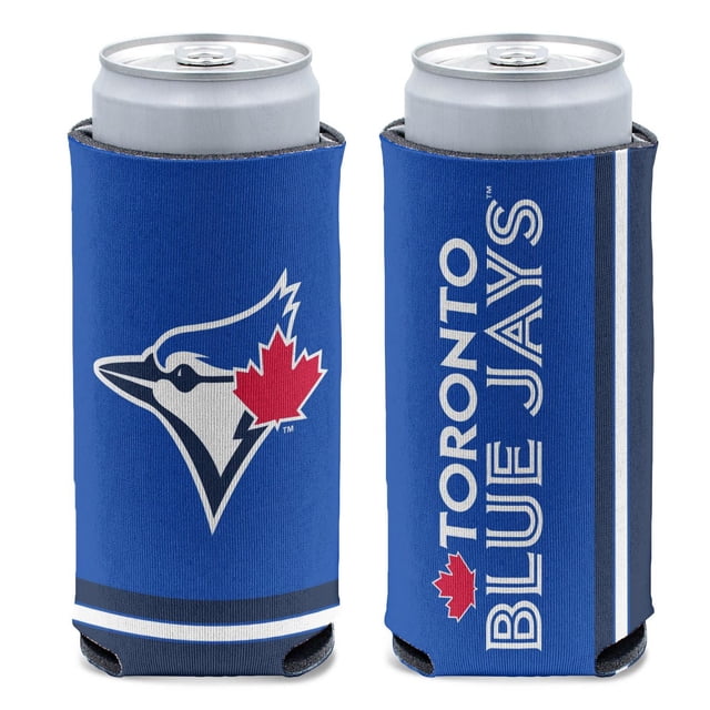 Wincraft Toronto Blue Jays Slim Can Cooler in blue 1/8 inch neoprene with full-color wrap-around graphics featuring the Toronto Blue Jays logo and vertical team name text with red maple leaf accents, fits 12oz slim cans to keep beverages cold and is also suitable for keeping slim bottles cool.
