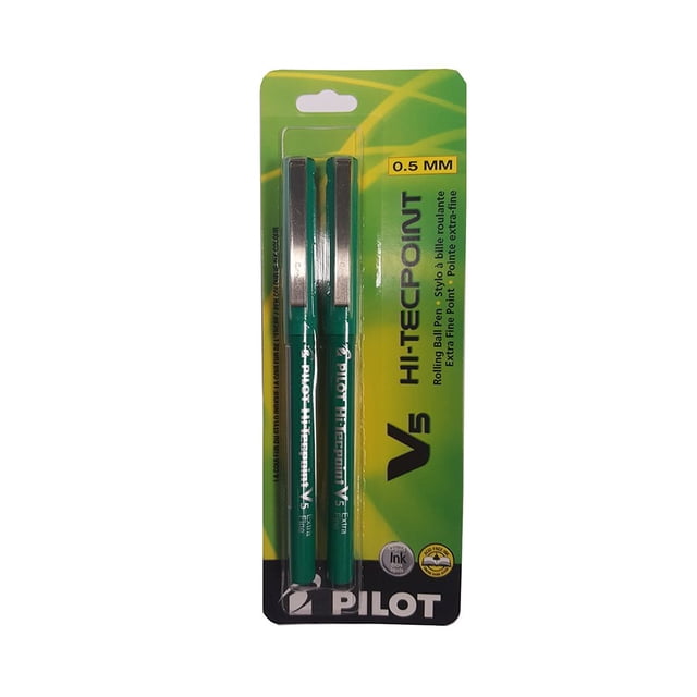 Pilot Hi-Tecpoint V5 Rollerball Pens, Needle Point, 0.5mm, Green Ink, 2 Pack