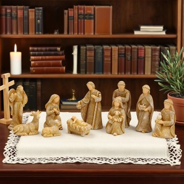 Musbetu Nativity Scene Set for Christmas Indoor Decor 10 Piece Resin Nativity Figurine with Manger Angel Christian Holy Family Figures Tabletop Decoration
