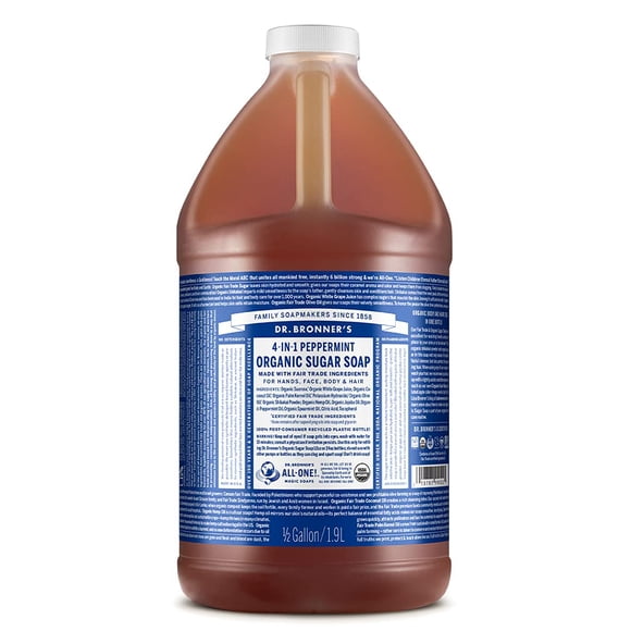 Dr. Bronner's Organic Sugar Soap (Peppermint, 64 Ounce)- Made with Organic Oils, Sugar & Shikakai Powder, 4-in-1 Uses: Hand and Body Wash, Face, Hair- Cleanses, Moisturi