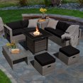 thumbnail image 3 of Patiojoy 9 Pieces Outdoor Patio Furniture Set with 32-Inch Propane Fire Pit Table Outdoor PE Wicker Space-Saving Sectional Sofa Set with Storage Box and Cushions Black, 3 of 9