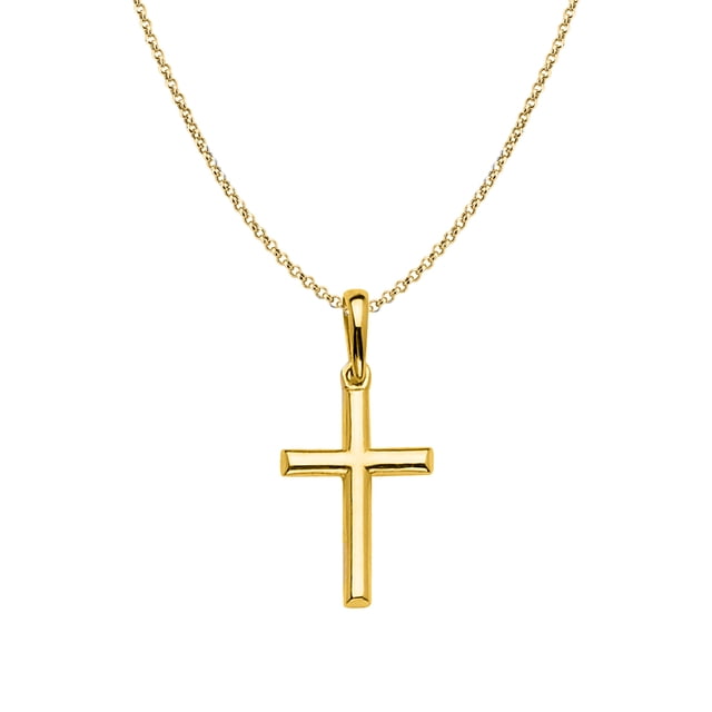 Pendentif Croix Religieuse en or Jaune 14k avec Chaîne Rolo de 1,2 mm. le Pendentif Présente un Motif Estampé sur une Croix Ronde Tridimensionnelle à Dos Plat, Mesurant 11 mm de Large et 21 mm de long. Il s'Agence à une Chaîne Torsadée Rolo de 16 Pouces, 1,2 mm avec un design Taille Diamant, Sécurisé par un Fermoir Anneau à Ressort. Fabriqué en or Jaune 14 Carats, Ce Collier Élégant Convient aux Tenues Décontractées Ou Formelles et Constitue un Cadeau Attentionné.